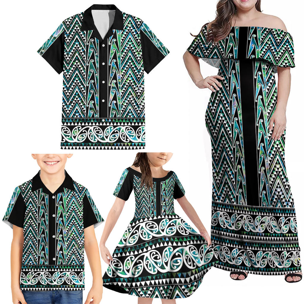 New Zealand Maori Niho Taniwha Family Matching Off Shoulder Maxi Dress and Hawaiian Shirt Papua Shell - Mangopare Puhoro Pattern