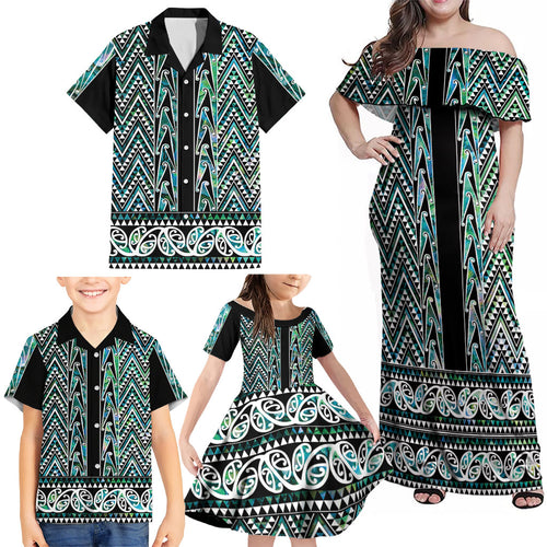 New Zealand Maori Niho Taniwha Family Matching Off Shoulder Maxi Dress and Hawaiian Shirt Papua Shell - Mangopare Puhoro Pattern