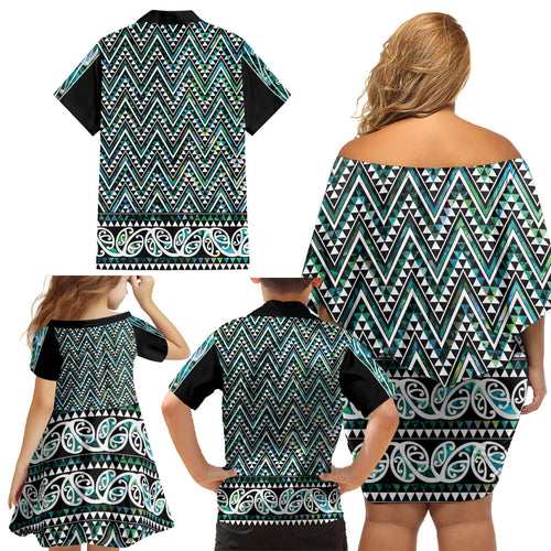 New Zealand Maori Niho Taniwha Family Matching Off Shoulder Short Dress and Hawaiian Shirt Papua Shell - Mangopare Puhoro Pattern