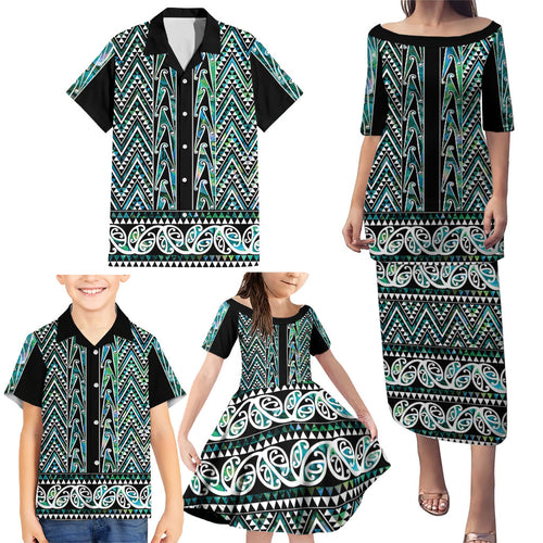 New Zealand Maori Niho Taniwha Family Matching Puletasi and Hawaiian Shirt Papua Shell - Mangopare Puhoro Pattern