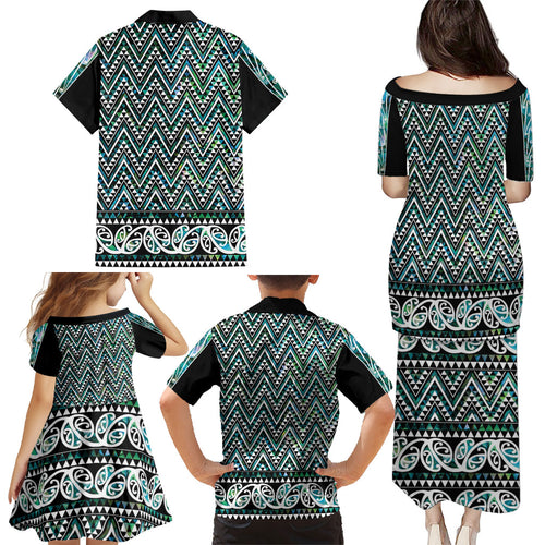 New Zealand Maori Niho Taniwha Family Matching Puletasi and Hawaiian Shirt Papua Shell - Mangopare Puhoro Pattern