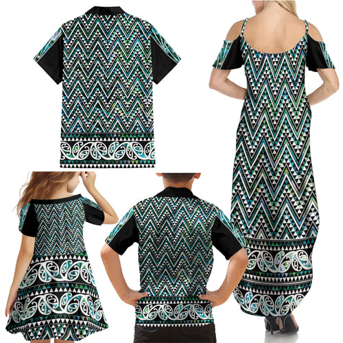 New Zealand Maori Niho Taniwha Family Matching Summer Maxi Dress and Hawaiian Shirt Papua Shell - Mangopare Puhoro Pattern