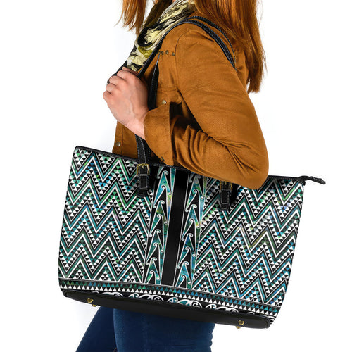 New Zealand Maori Niho Taniwha Leather Tote Bag Papua Shell - Mangopare Puhoro Pattern