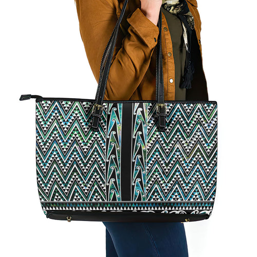 New Zealand Maori Niho Taniwha Leather Tote Bag Papua Shell - Mangopare Puhoro Pattern