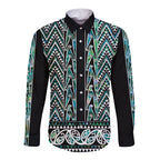 New Zealand Maori Niho Taniwha Long Sleeve Button Shirt Papua Shell - Mangopare Puhoro Pattern