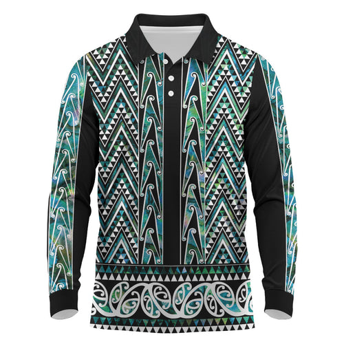 New Zealand Maori Niho Taniwha Long Sleeve Polo Shirt Papua Shell - Mangopare Puhoro Pattern