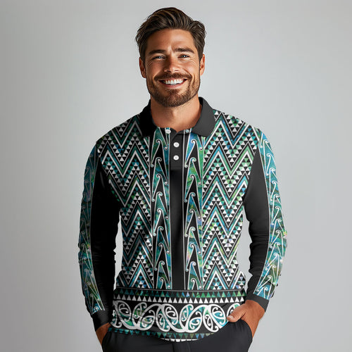 New Zealand Maori Niho Taniwha Long Sleeve Polo Shirt Papua Shell - Mangopare Puhoro Pattern