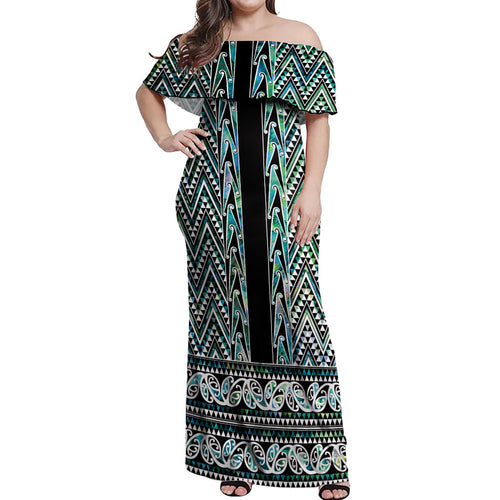 New Zealand Maori Niho Taniwha Off Shoulder Maxi Dress Papua Shell - Mangopare Puhoro Pattern