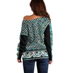 New Zealand Maori Niho Taniwha Off Shoulder Sweater Papua Shell - Mangopare Puhoro Pattern