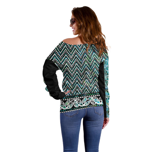 New Zealand Maori Niho Taniwha Off Shoulder Sweater Papua Shell - Mangopare Puhoro Pattern