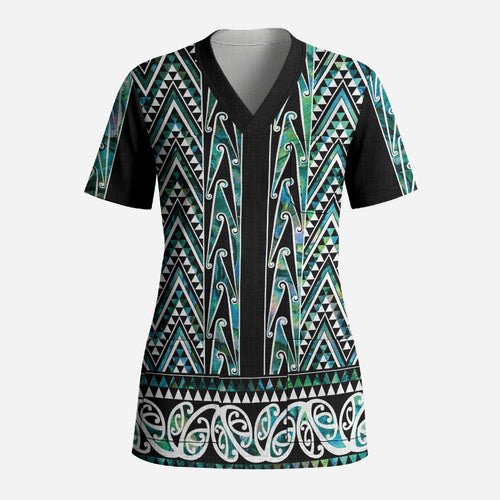 New Zealand Maori Niho Taniwha Scrub Top Papua Shell - Mangopare Puhoro Pattern