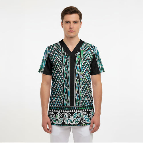 New Zealand Maori Niho Taniwha Scrub Top Papua Shell - Mangopare Puhoro Pattern