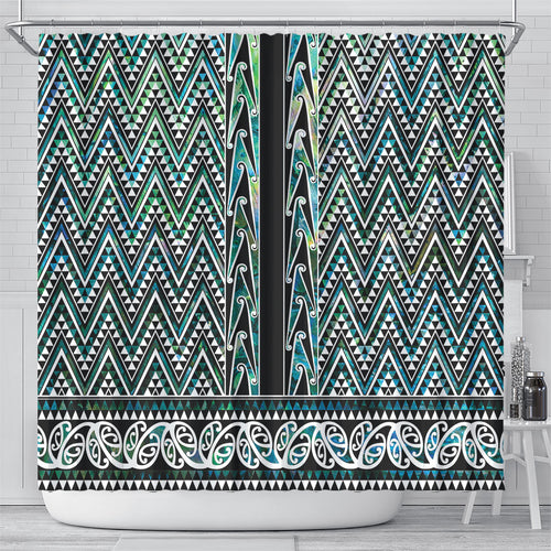 New Zealand Maori Niho Taniwha Shower Curtain Papua Shell - Mangopare Puhoro Pattern