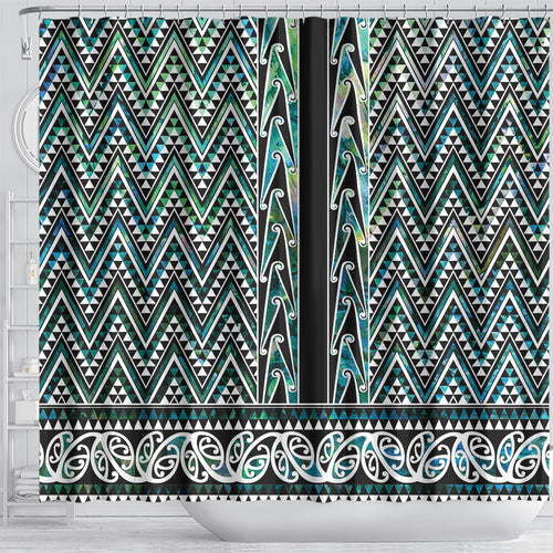 New Zealand Maori Niho Taniwha Shower Curtain Papua Shell - Mangopare Puhoro Pattern