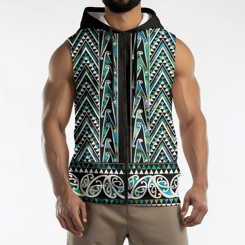 New Zealand Maori Niho Taniwha Sleeveless Zip Hoodie Papua Shell - Mangopare Puhoro Pattern