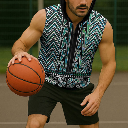 New Zealand Maori Niho Taniwha Sleeveless Zip Hoodie Papua Shell - Mangopare Puhoro Pattern