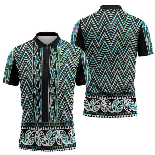 New Zealand Maori Niho Taniwha Zipper Polo Shirt Papua Shell - Mangopare Puhoro Pattern