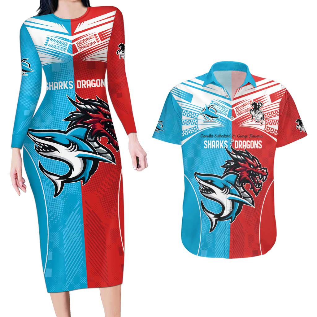 Custom Sharks-Dragons Rugby Couples Matching Long Sleeve Bodycon Dress and Hawaiian Shirt With Sporty Style
