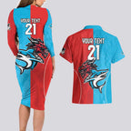 Custom Sharks-Dragons Rugby Couples Matching Long Sleeve Bodycon Dress and Hawaiian Shirt With Sporty Style