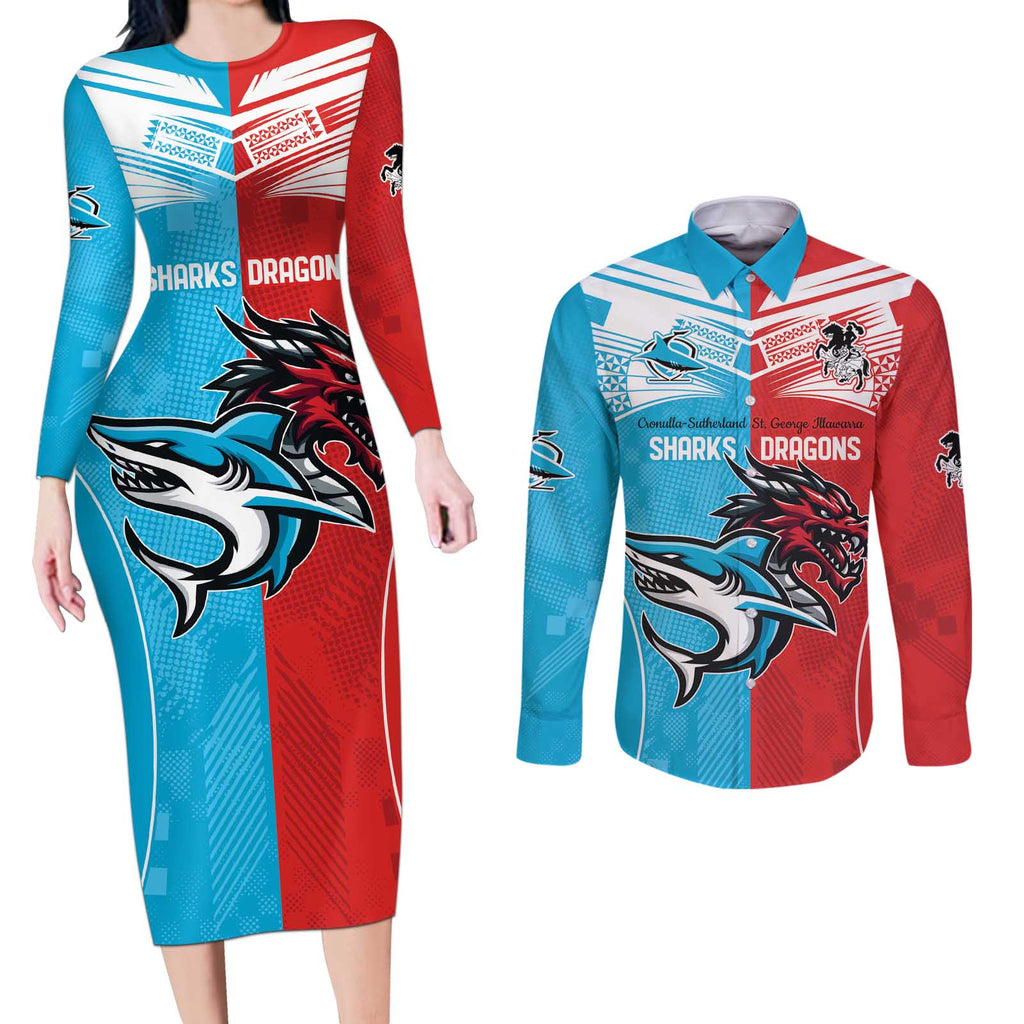 Custom Sharks-Dragons Rugby Couples Matching Long Sleeve Bodycon Dress and Long Sleeve Button Shirt With Sporty Style