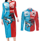 Custom Sharks-Dragons Rugby Couples Matching Long Sleeve Bodycon Dress and Long Sleeve Button Shirt With Sporty Style