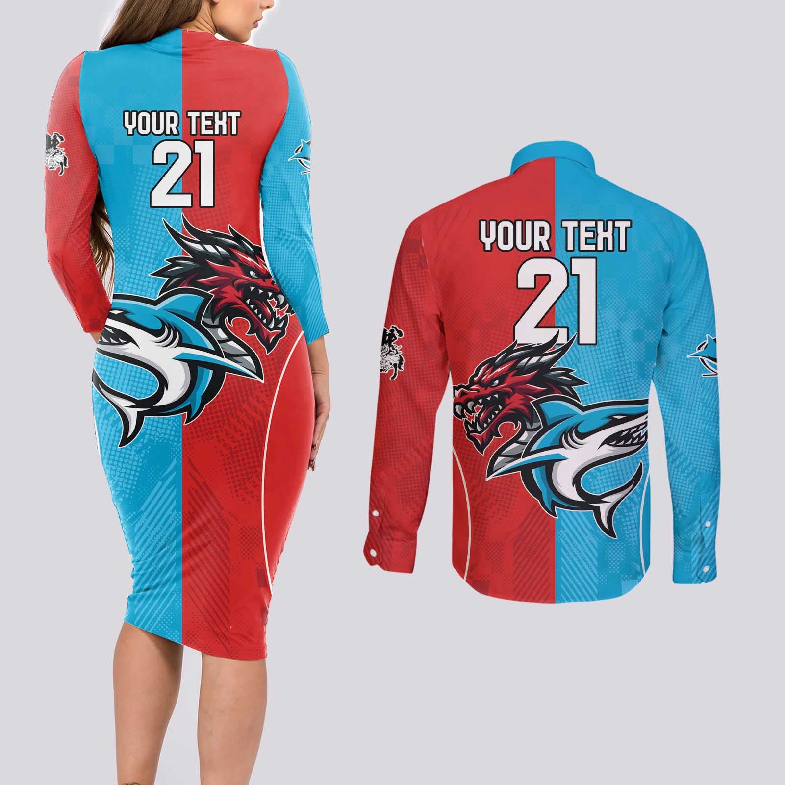 Custom Sharks-Dragons Rugby Couples Matching Long Sleeve Bodycon Dress and Long Sleeve Button Shirt With Sporty Style