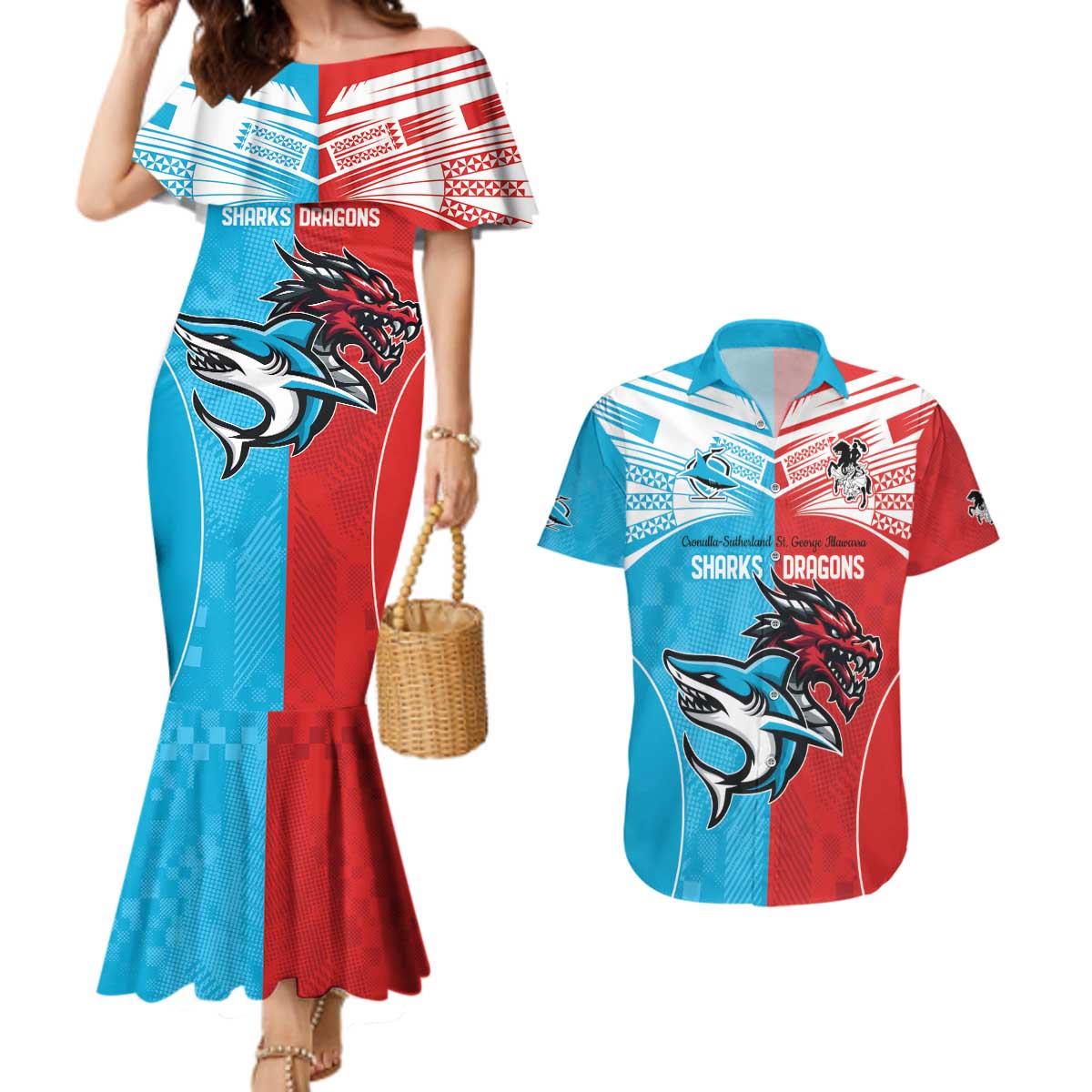 Custom Sharks-Dragons Rugby Couples Matching Mermaid Dress and Hawaiian Shirt With Sporty Style