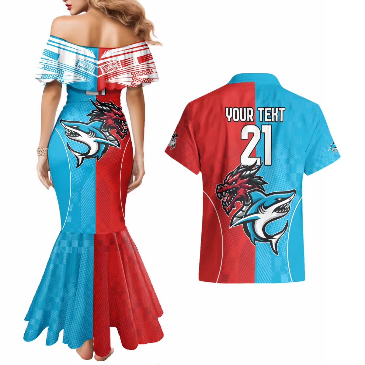 Custom Sharks-Dragons Rugby Couples Matching Mermaid Dress and Hawaiian Shirt With Sporty Style