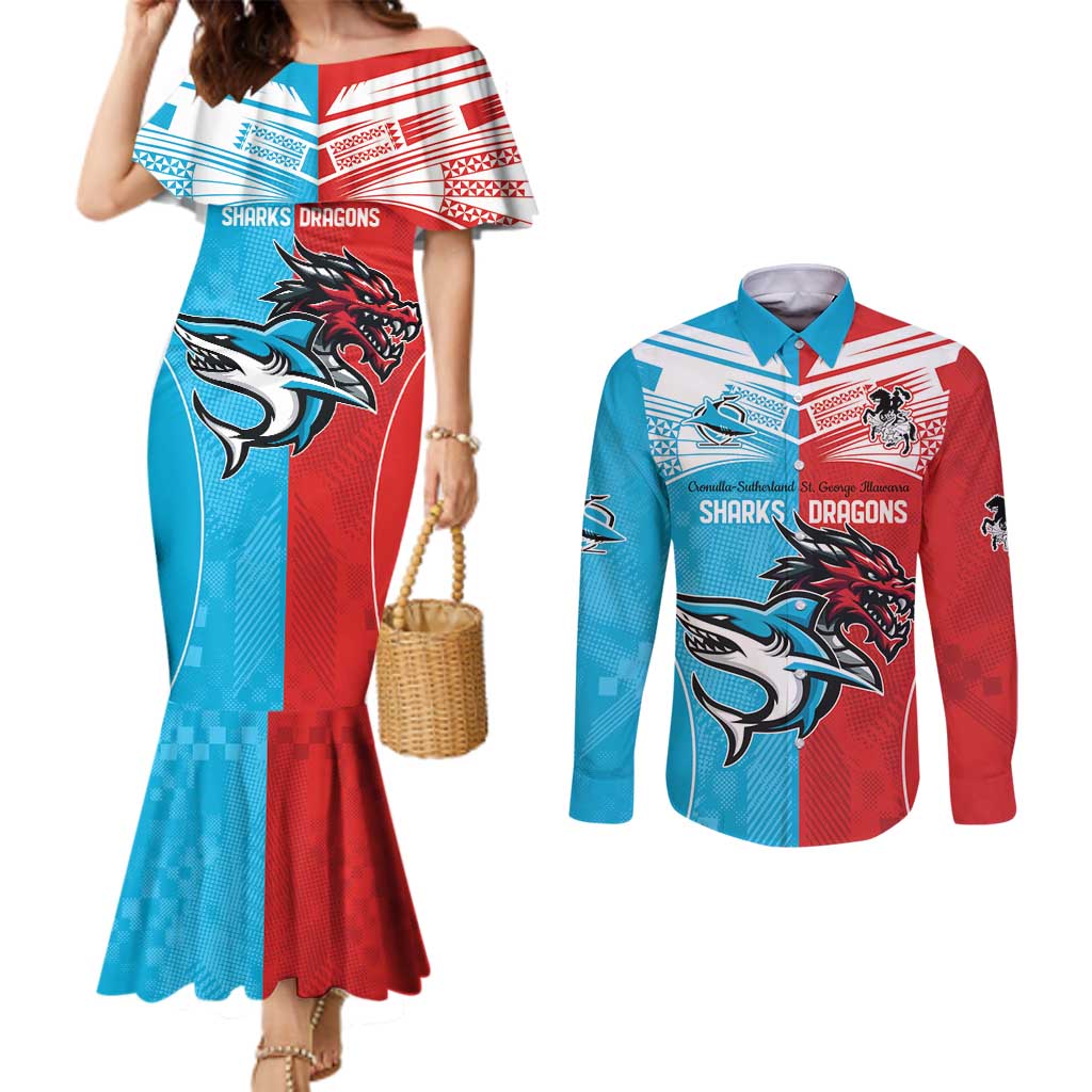 Custom Sharks-Dragons Rugby Couples Matching Mermaid Dress and Long Sleeve Button Shirt With Sporty Style