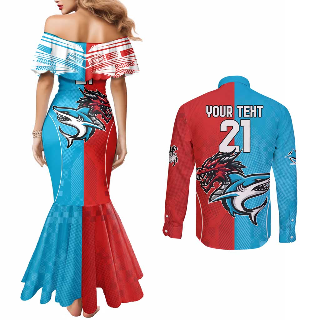 Custom Sharks-Dragons Rugby Couples Matching Mermaid Dress and Long Sleeve Button Shirt With Sporty Style
