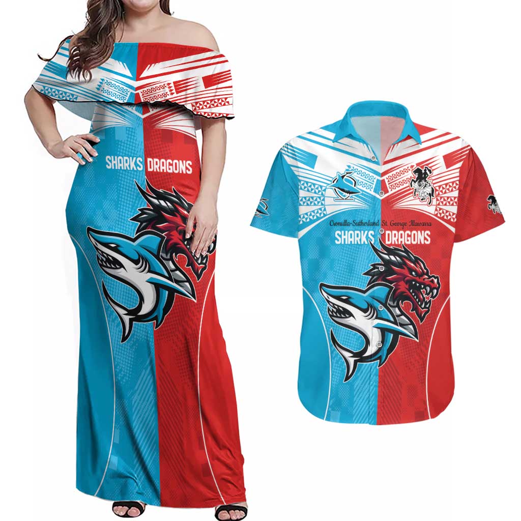 Custom Sharks-Dragons Rugby Couples Matching Off Shoulder Maxi Dress and Hawaiian Shirt With Sporty Style
