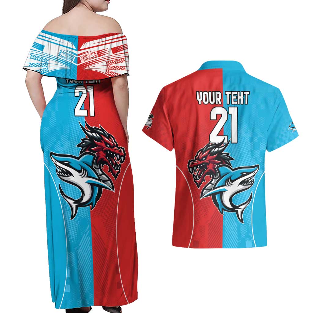 Custom Sharks-Dragons Rugby Couples Matching Off Shoulder Maxi Dress and Hawaiian Shirt With Sporty Style
