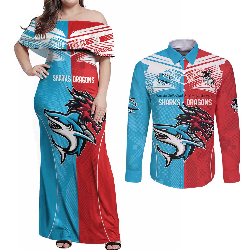 Custom Sharks-Dragons Rugby Couples Matching Off Shoulder Maxi Dress and Long Sleeve Button Shirt With Sporty Style