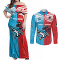 Custom Sharks-Dragons Rugby Couples Matching Off Shoulder Maxi Dress and Long Sleeve Button Shirt With Sporty Style