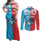 Custom Sharks-Dragons Rugby Couples Matching Off Shoulder Maxi Dress and Long Sleeve Button Shirt With Sporty Style