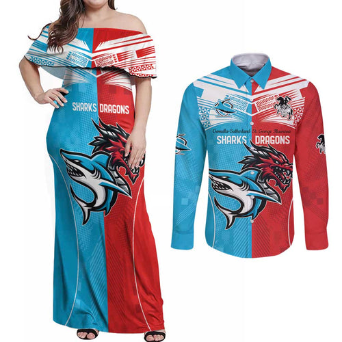 Custom Sharks-Dragons Rugby Couples Matching Off Shoulder Maxi Dress and Long Sleeve Button Shirt With Sporty Style