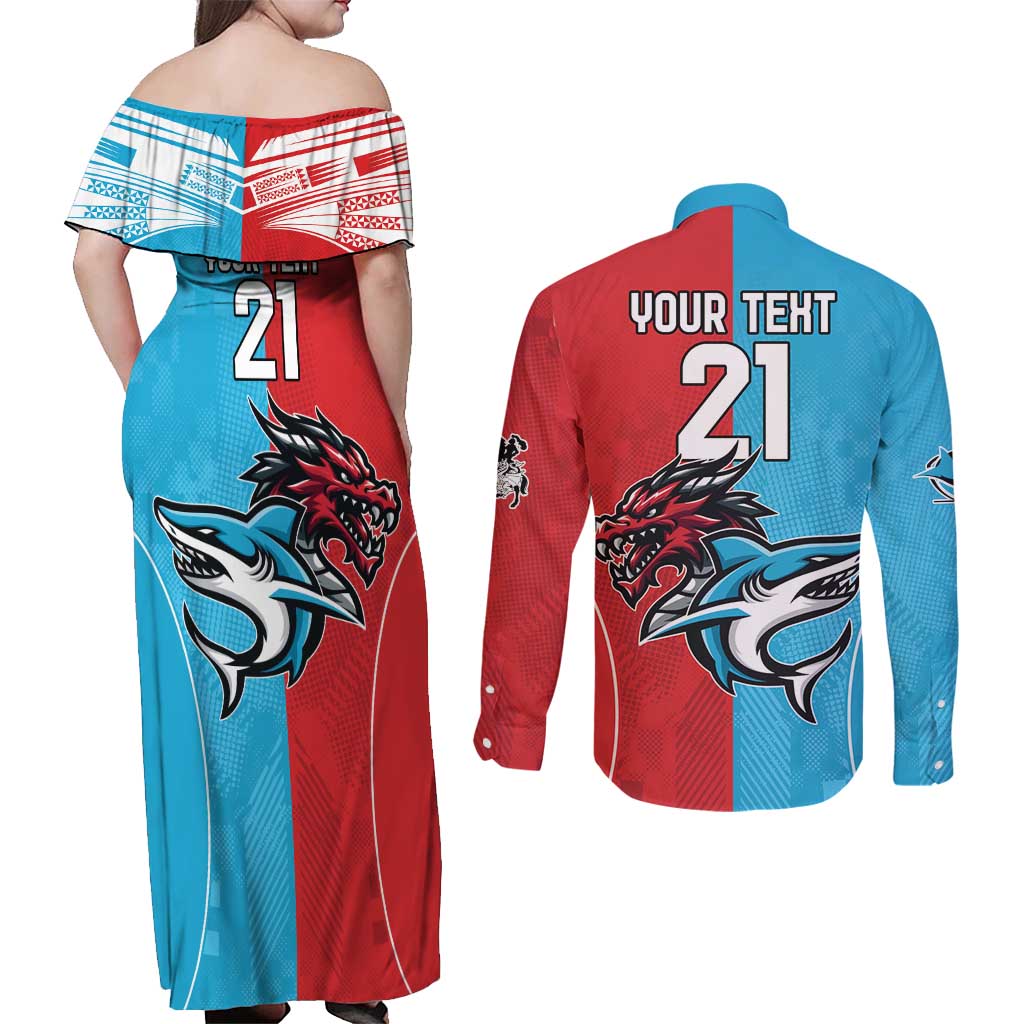Custom Sharks-Dragons Rugby Couples Matching Off Shoulder Maxi Dress and Long Sleeve Button Shirt With Sporty Style