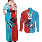 Custom Sharks-Dragons Rugby Couples Matching Off Shoulder Maxi Dress and Long Sleeve Button Shirt With Sporty Style