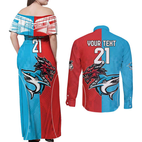 Custom Sharks-Dragons Rugby Couples Matching Off Shoulder Maxi Dress and Long Sleeve Button Shirt With Sporty Style