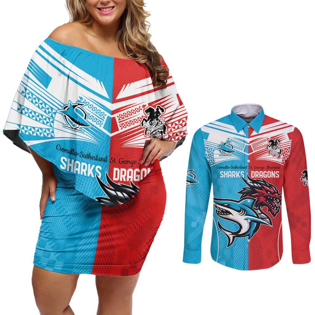 Custom Sharks-Dragons Rugby Couples Matching Off Shoulder Short Dress and Long Sleeve Button Shirt With Sporty Style