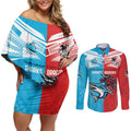 Custom Sharks-Dragons Rugby Couples Matching Off Shoulder Short Dress and Long Sleeve Button Shirt With Sporty Style