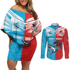 Custom Sharks-Dragons Rugby Couples Matching Off Shoulder Short Dress and Long Sleeve Button Shirt With Sporty Style
