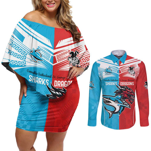 Custom Sharks-Dragons Rugby Couples Matching Off Shoulder Short Dress and Long Sleeve Button Shirt With Sporty Style