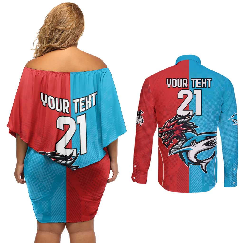 Custom Sharks-Dragons Rugby Couples Matching Off Shoulder Short Dress and Long Sleeve Button Shirt With Sporty Style
