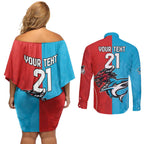 Custom Sharks-Dragons Rugby Couples Matching Off Shoulder Short Dress and Long Sleeve Button Shirt With Sporty Style