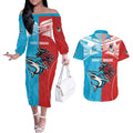 Custom Sharks-Dragons Rugby Couples Matching Off The Shoulder Long Sleeve Dress and Hawaiian Shirt With Sporty Style
