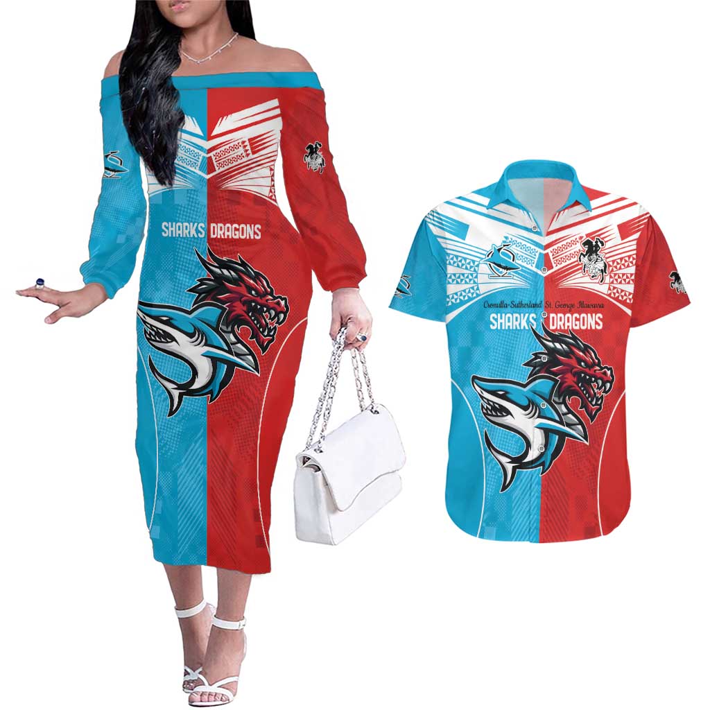 Custom Sharks-Dragons Rugby Couples Matching Off The Shoulder Long Sleeve Dress and Hawaiian Shirt With Sporty Style