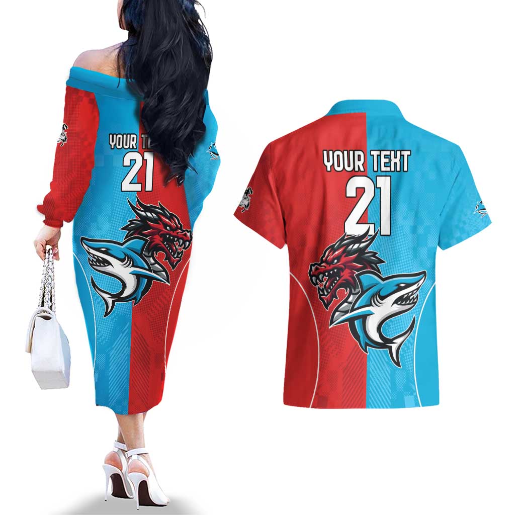 Custom Sharks-Dragons Rugby Couples Matching Off The Shoulder Long Sleeve Dress and Hawaiian Shirt With Sporty Style