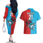 Custom Sharks-Dragons Rugby Couples Matching Off The Shoulder Long Sleeve Dress and Hawaiian Shirt With Sporty Style