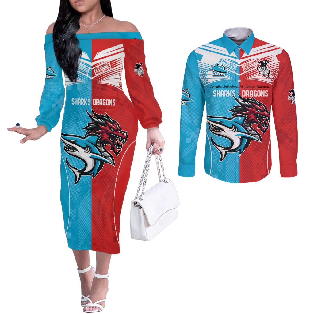 Custom Sharks-Dragons Rugby Couples Matching Off The Shoulder Long Sleeve Dress and Long Sleeve Button Shirt With Sporty Style